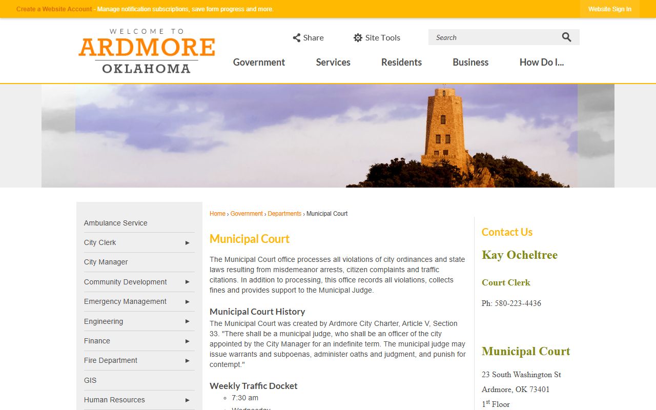 Ardmore traffic court records - Ardmore Municipal Court page