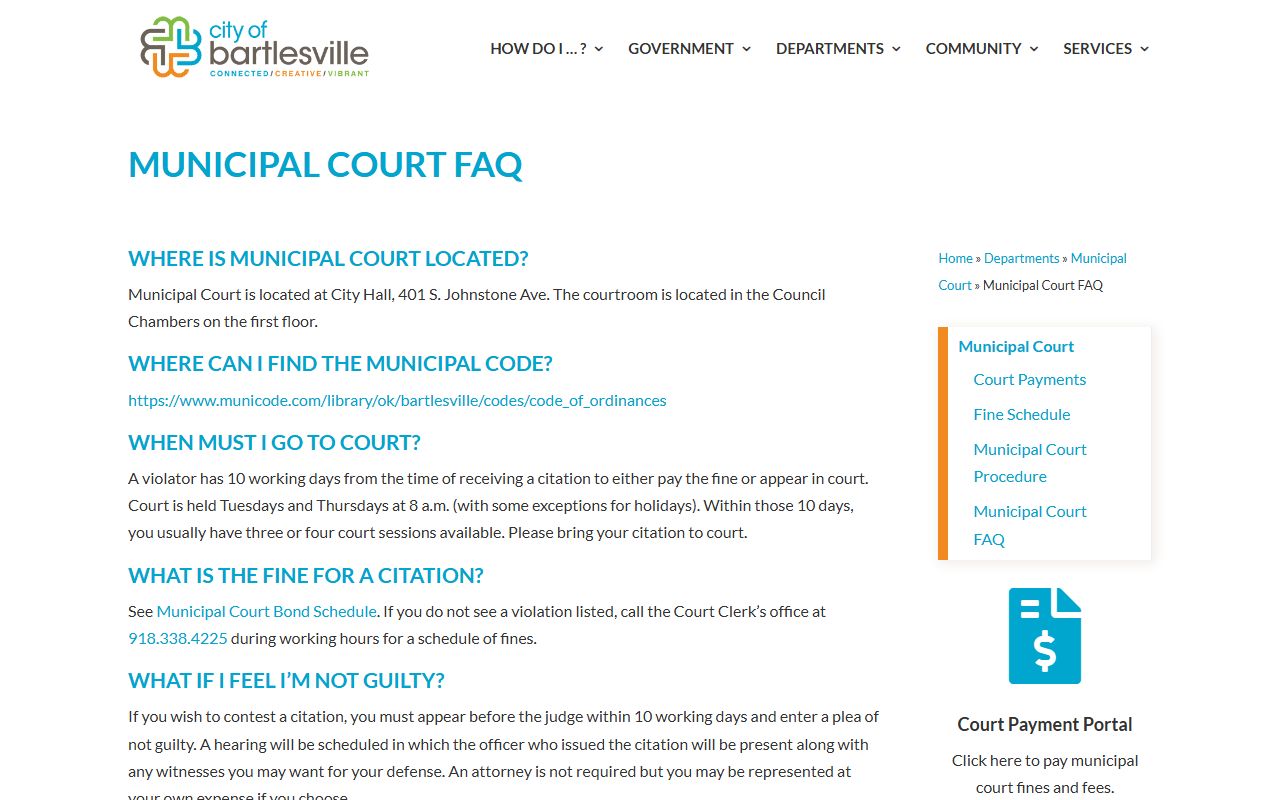 Bartlesville traffic court records - Municipal Court FAQ page