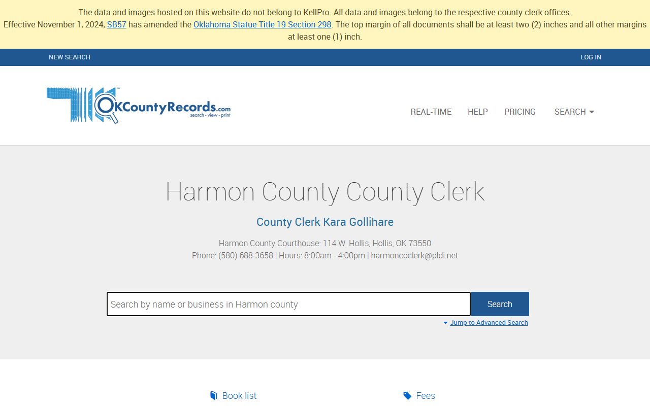 Harmon County public records search portal showing land records and traffic court records