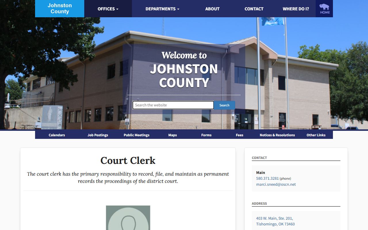 Johnston County court clerk page showing contact information for traffic court records