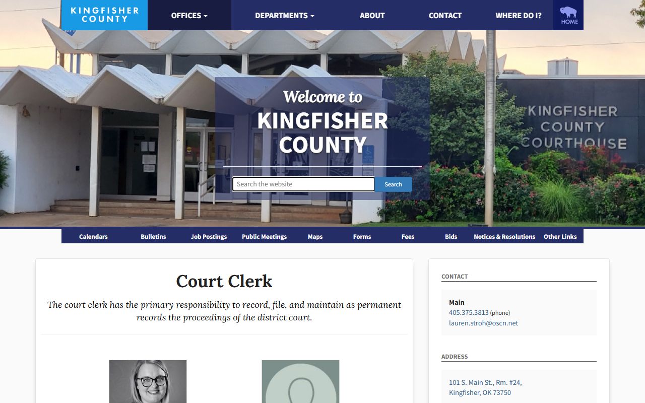Kingfisher County court clerk page showing office information and contact details