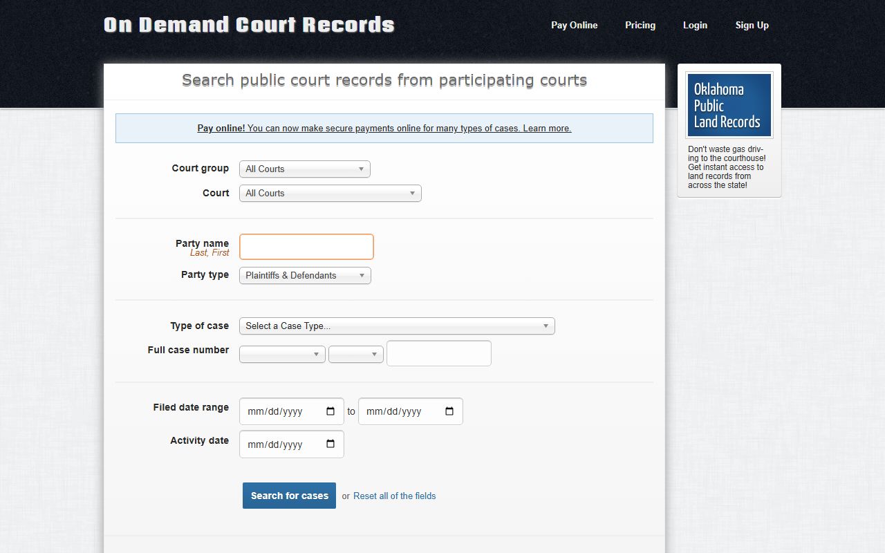 Oklahoma Traffic Court Records - ODCR court search portal interface
