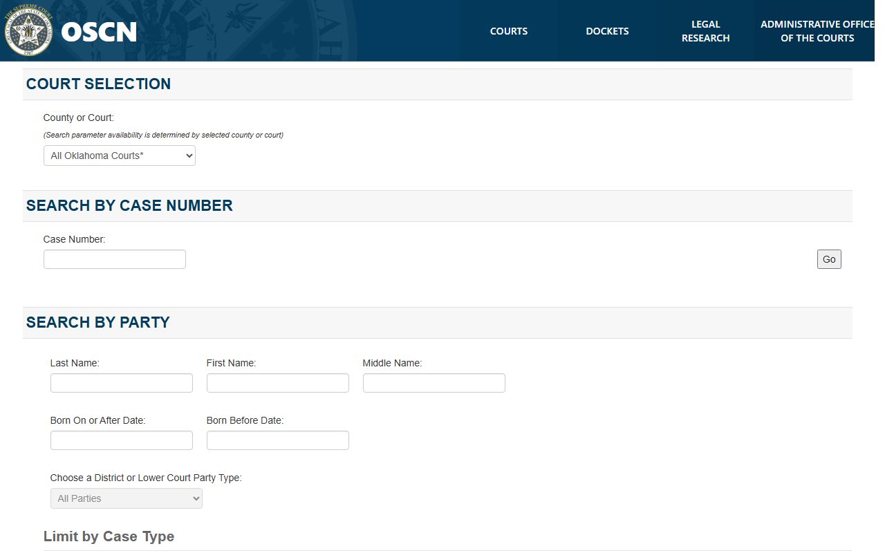 Oklahoma Traffic Court Records - OSCN docket search system interface